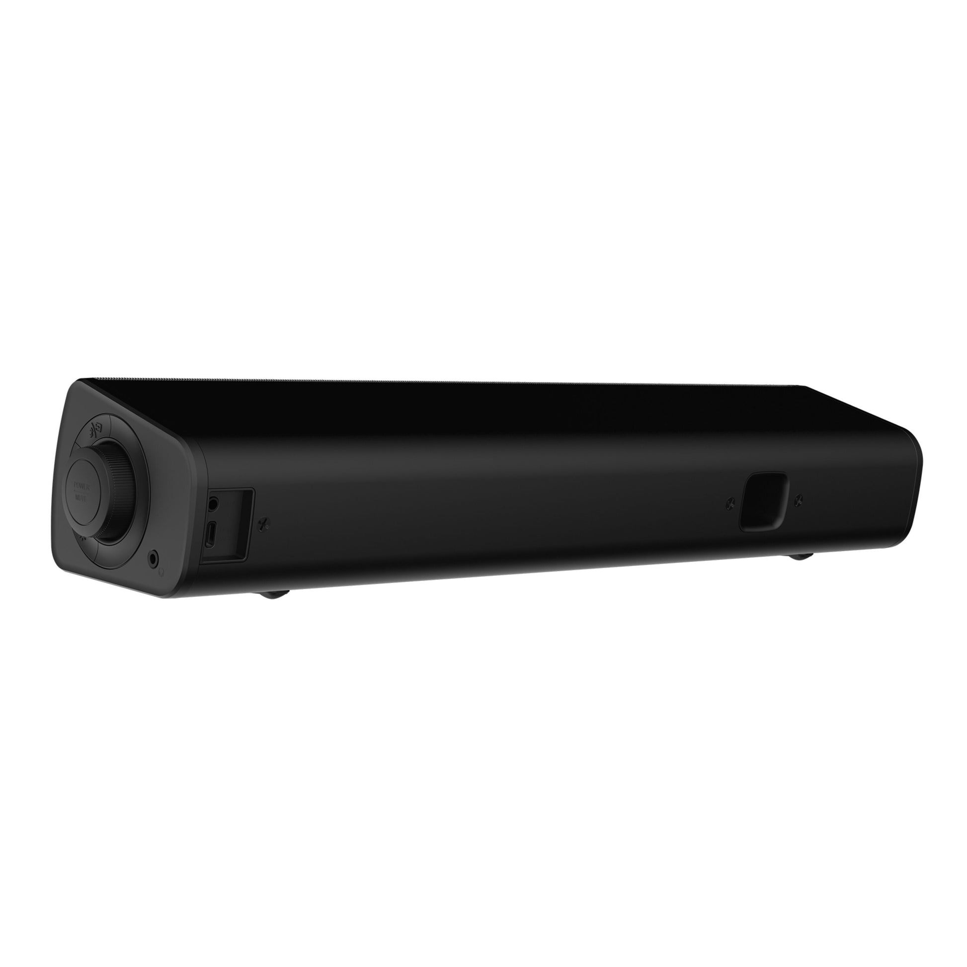 Creative Sound Blaster GS3 gaming soundbar sort, sæt bagfra i vinkel med volumenkontrol, HDMI-port, øvrige porte og stofgrill.