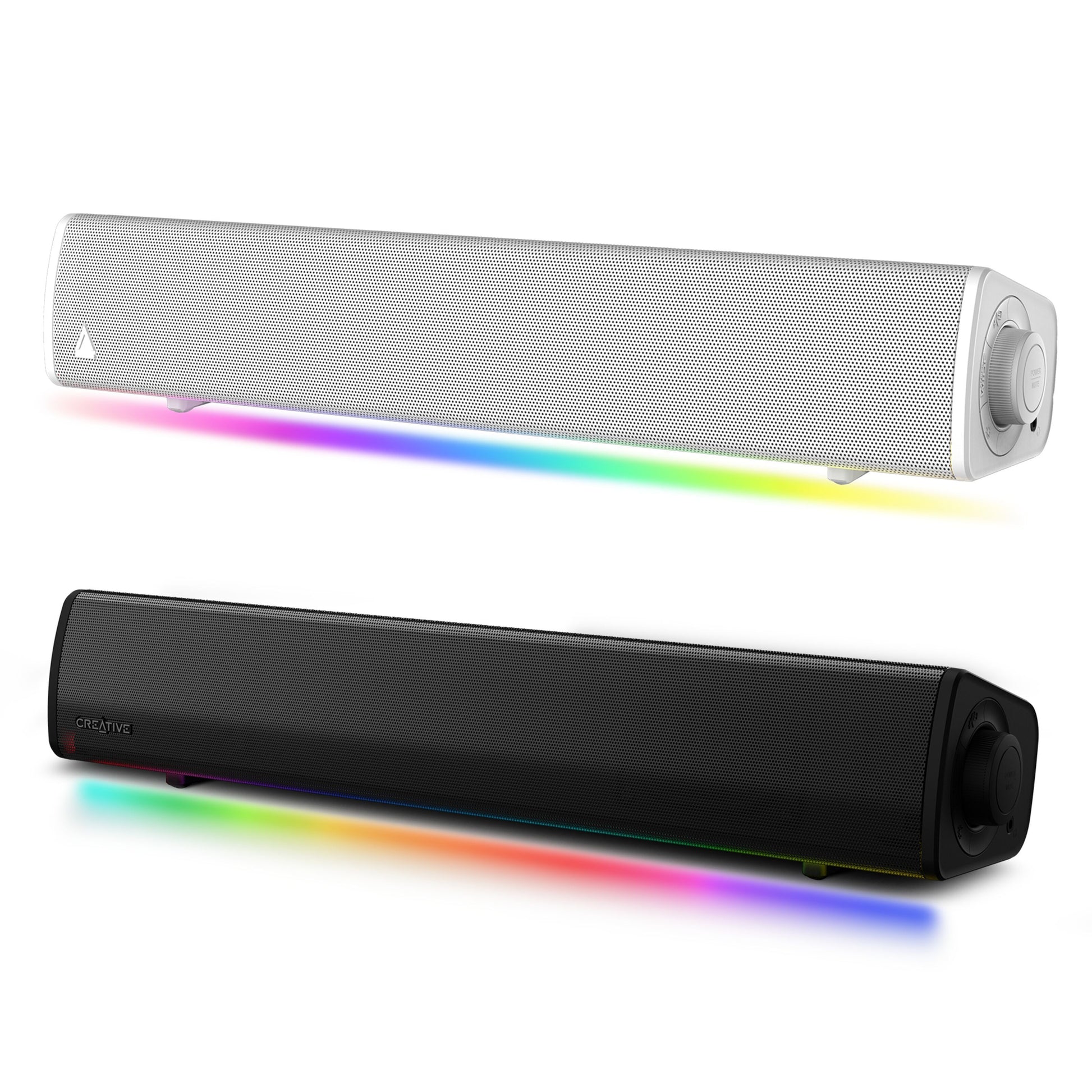 Creative Sound Blaster GS3 gaming soundbar, sort, rektangulær, stor drejeknap højre side, RGB-lys langs bundkant.