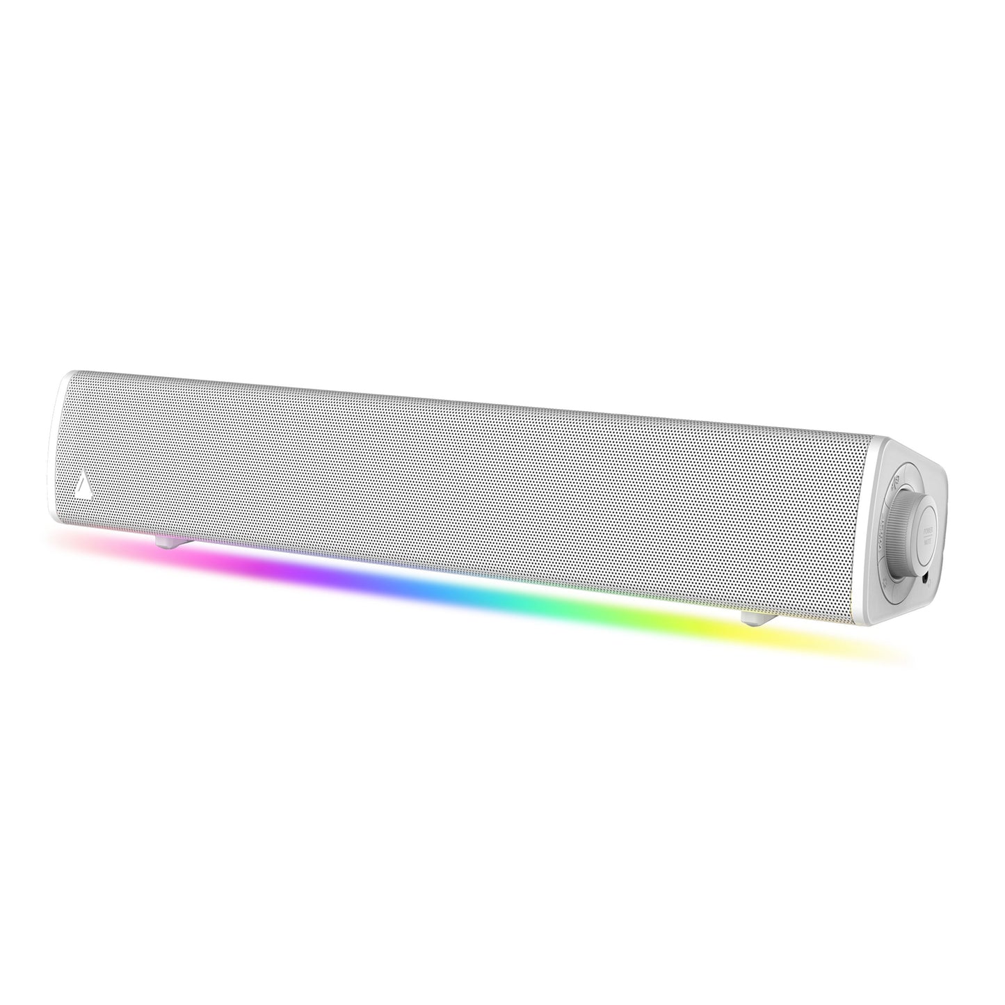 Creative Sound Blaster GS3 Gaming Soundbar hvid, mesh front, rund kontrolknap højre, SuperWide teknologi, LED lys nederst.