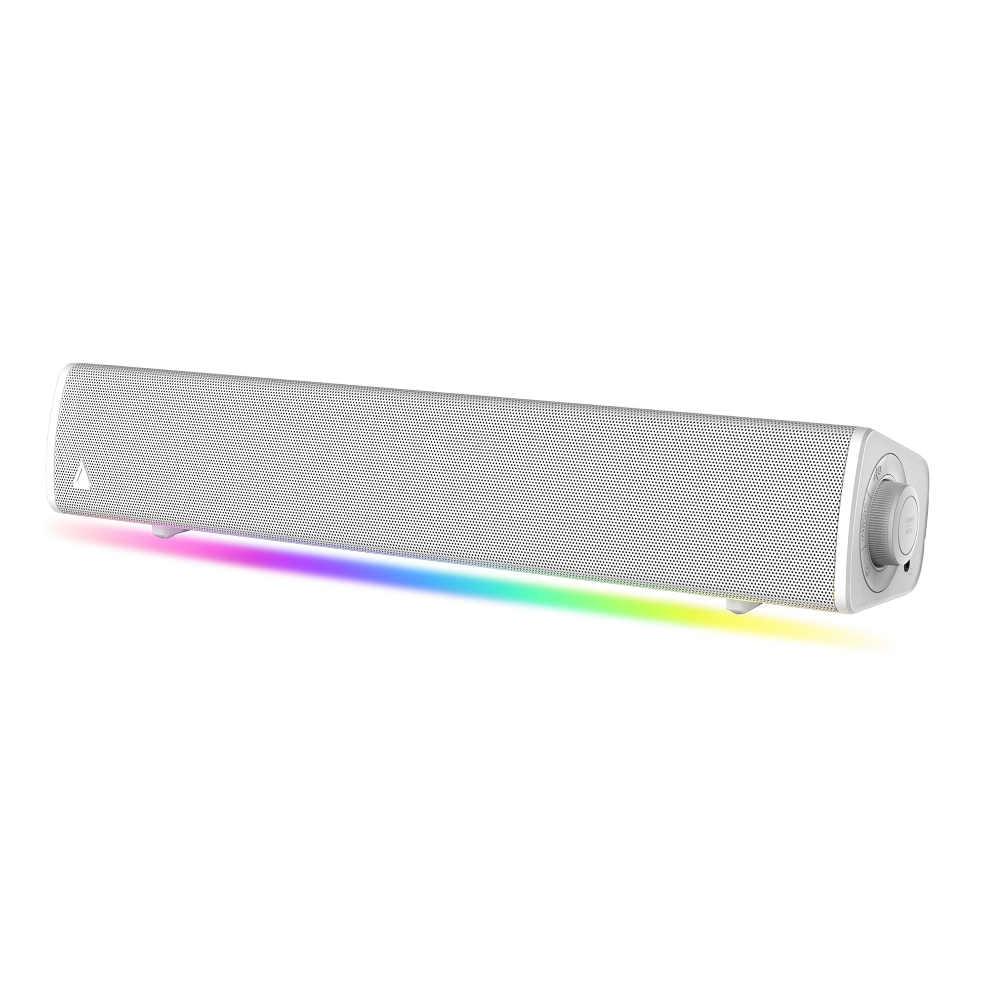 Creative Sound Blaster GS3 Gaming Soundbar hvid, mesh front, rund kontrolknap højre, SuperWide teknologi, LED lys nederst.
