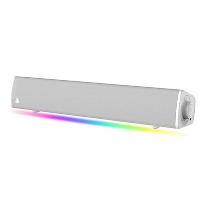 Creative Sound Blaster GS3 Gaming Soundbar hvid, mesh front, rund kontrolknap højre, SuperWide teknologi, LED lys nederst.
