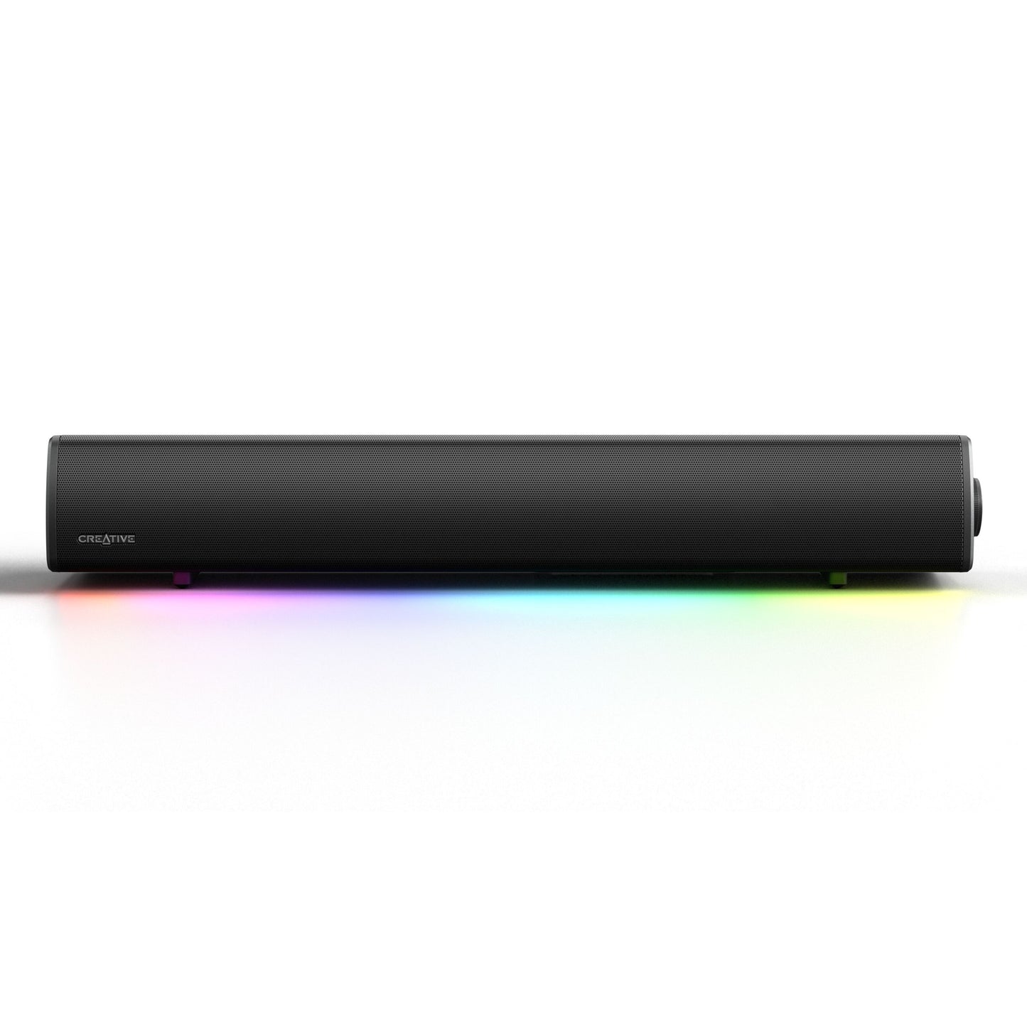 Creative Sound Blaster GS5 sort cylindrisk soundbar, regnbuefarvet LED-base, Bluetooth 5.3, USB-C-port.