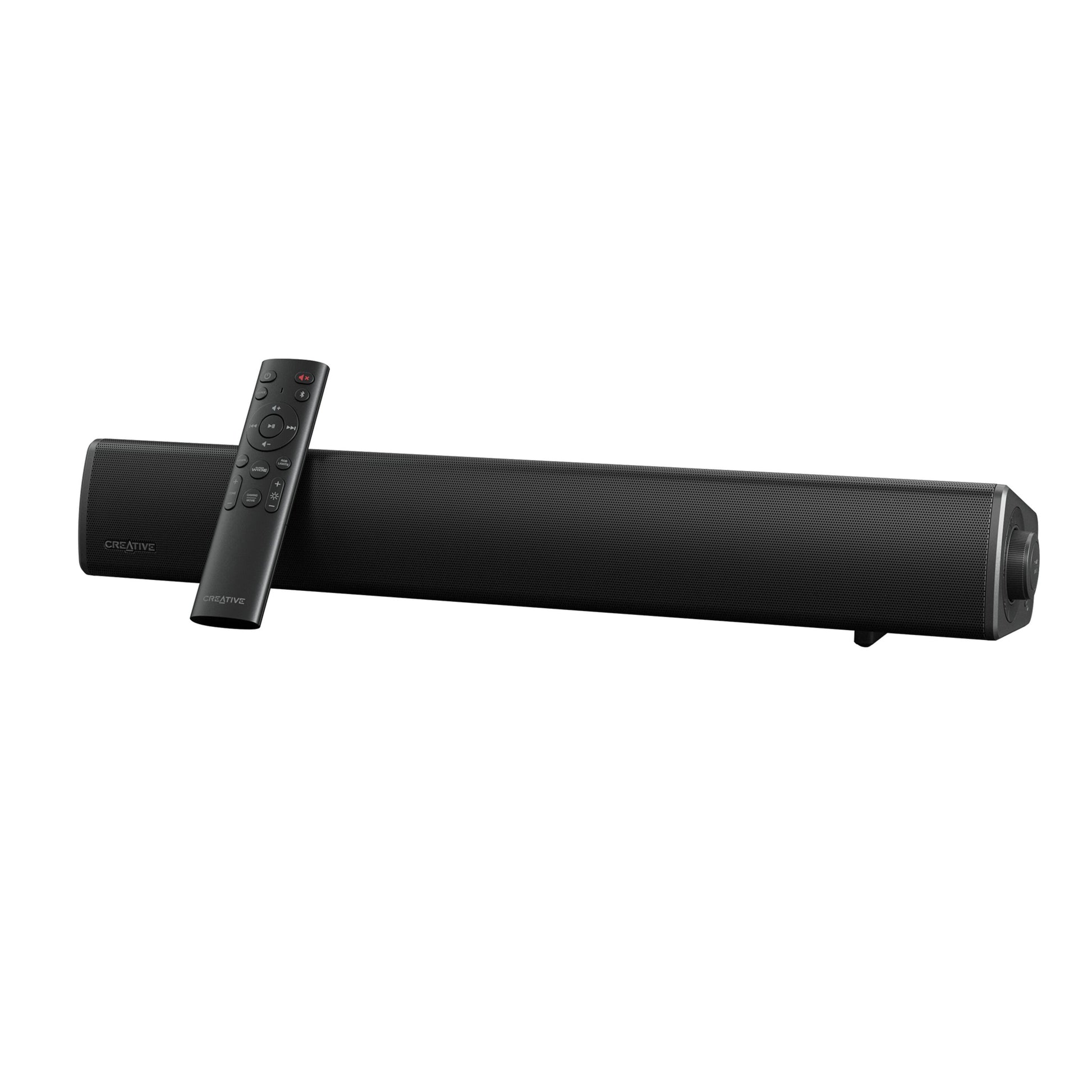 Creative Sound Blaster GS5 sort soundbar med logo, Bluetooth 5.3, medfølgende fjernbetjening.