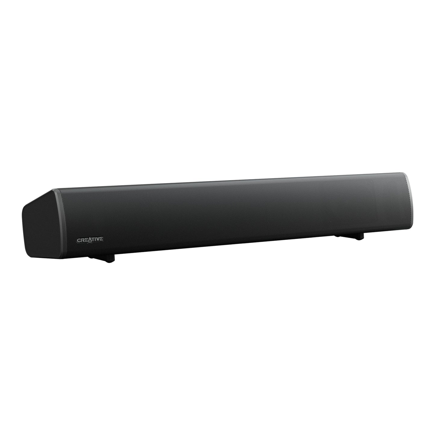 Sound Blaster GS5 sort soundbar, rektangulær med skrå kanter og meshfront, små fødder, Bluetooth 5.3 og USB-C.