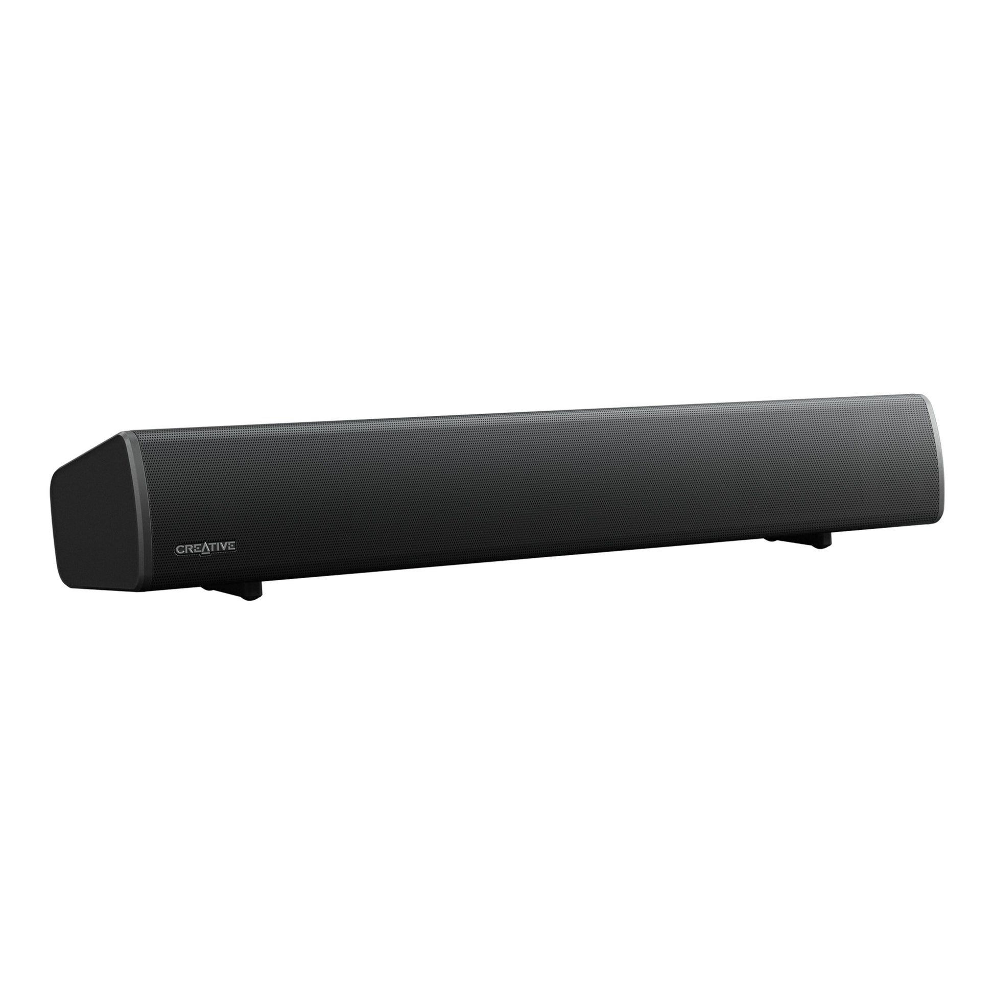 Sound Blaster GS5 sort soundbar, rektangulær med skrå kanter og meshfront, små fødder, Bluetooth 5.3 og USB-C.