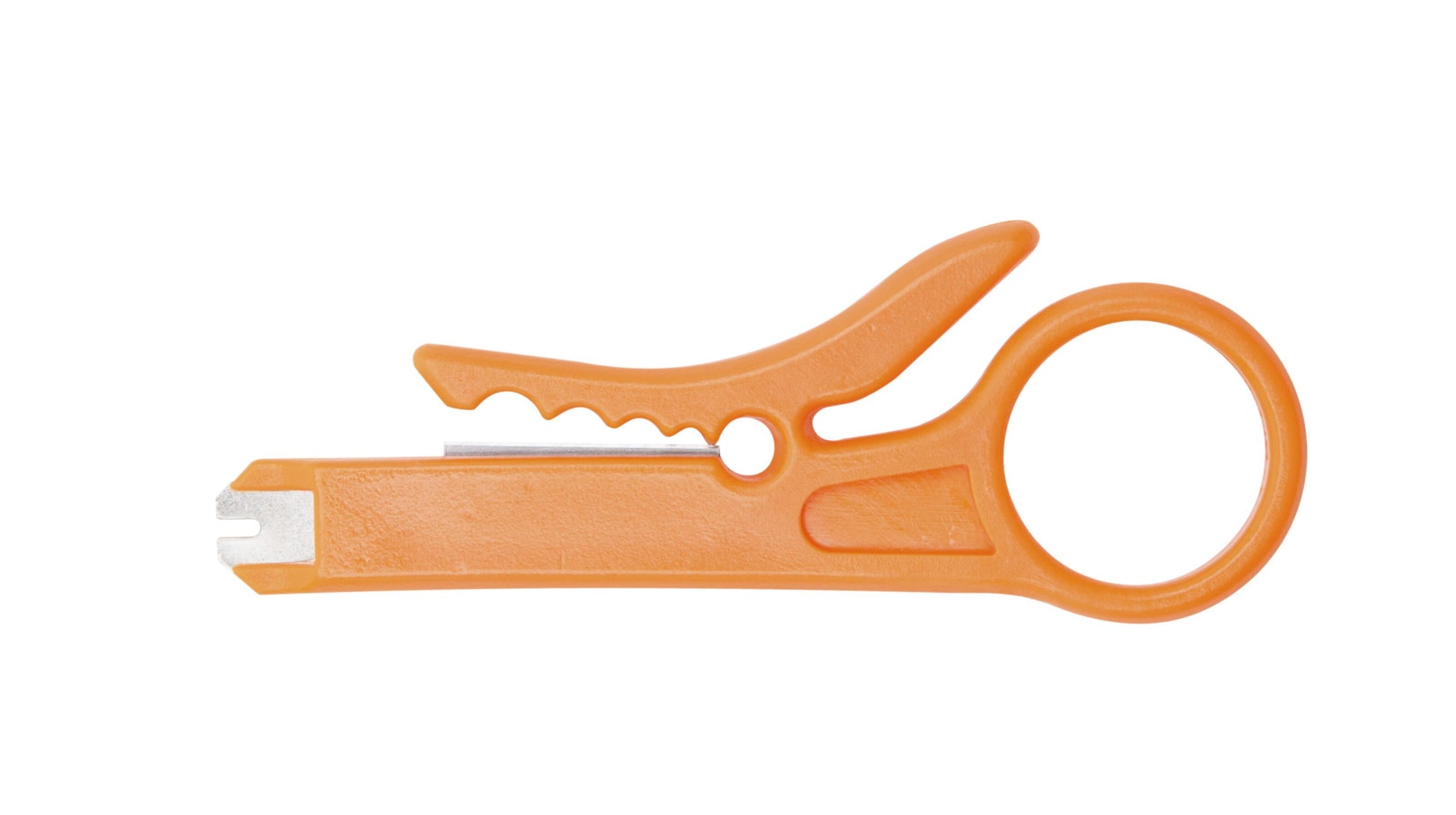 Dibotech Skæreværktøj orange kabelstripper med cirkulært greb og klinge til forberedelse af netværkskabler.