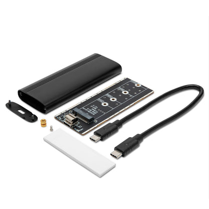 M.2 NVME harddiskkabinet sort, med printplade, endestykke, skruer, termisk pad og USB-C til USB-C kabel, USB 3.2 Gen 2.