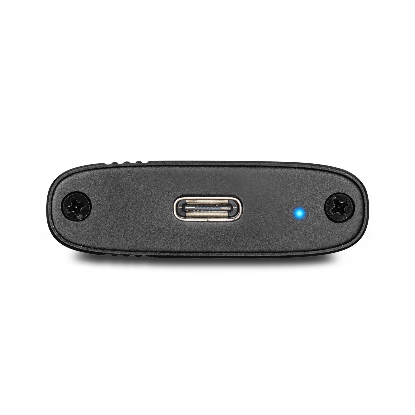 Plexgear Harddiskkabinet M.2 NVME med centreret USB 3.2 Gen 2-port, to sideskruer og blå indikator til højre.