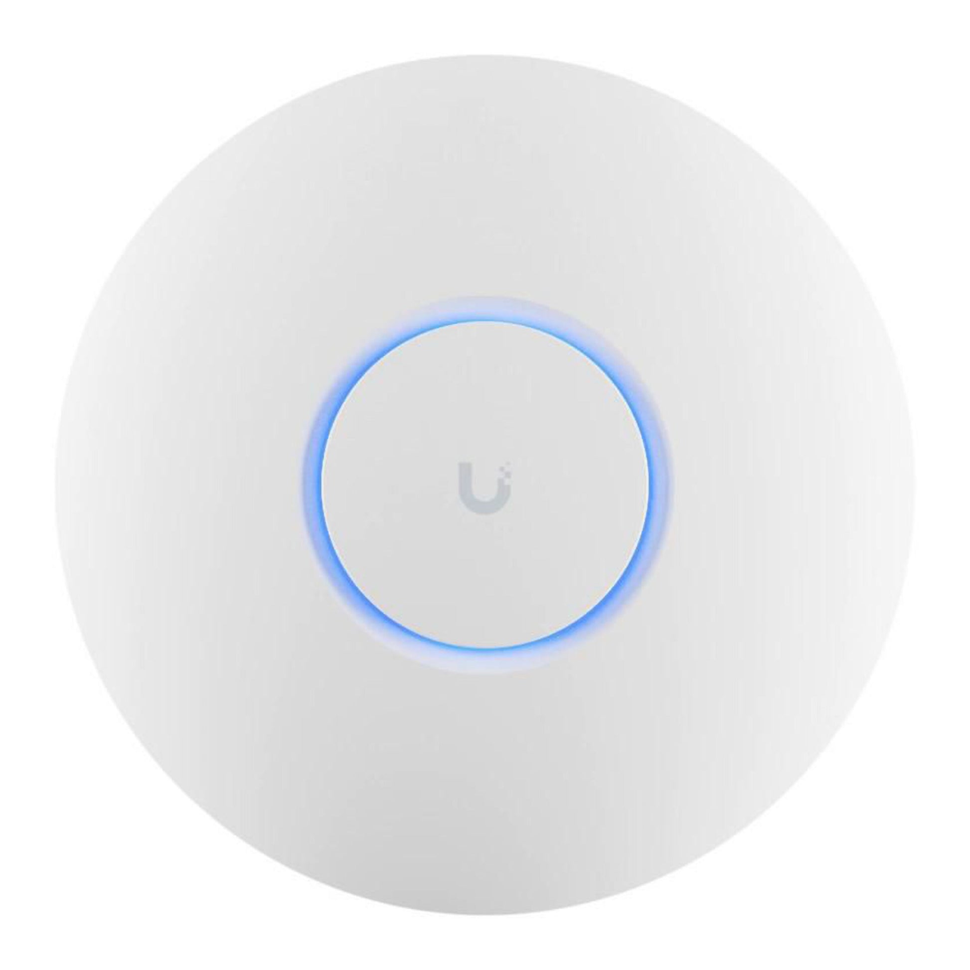 Ubiquiti UniFi U6+ rundt hvidt WiFi 6 access point med blå lysring og U-logo.
