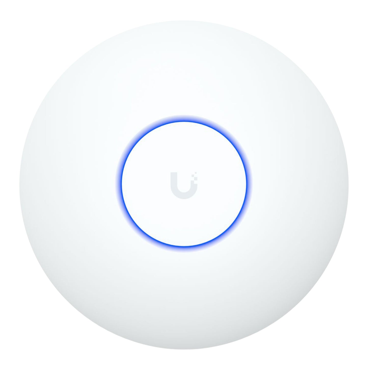 Ubiquiti UniFi U7 Lite hvid, cirkulær WiFi-adgangspunkt med blå LED-ring, logo og 5 GbE RJ-45 port.
