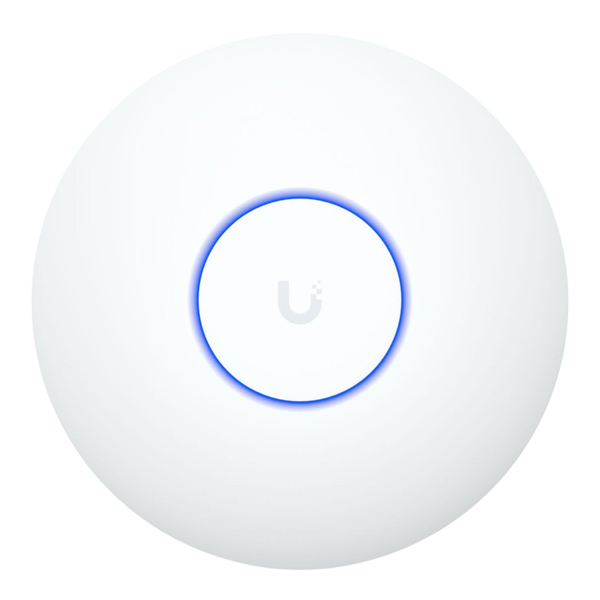 Ubiquiti UniFi U7 Lite hvid, cirkulær WiFi-adgangspunkt med blå LED-ring, logo og 5 GbE RJ-45 port.