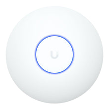 Ubiquiti UniFi U7 Lite hvid, cirkulær WiFi-adgangspunkt med blå LED-ring, logo og 5 GbE RJ-45 port.