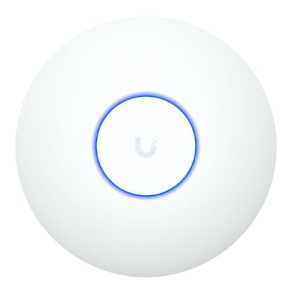 Ubiquiti UniFi U7 Lite hvid, cirkulær WiFi-adgangspunkt med blå LED-ring, logo og 5 GbE RJ-45 port.