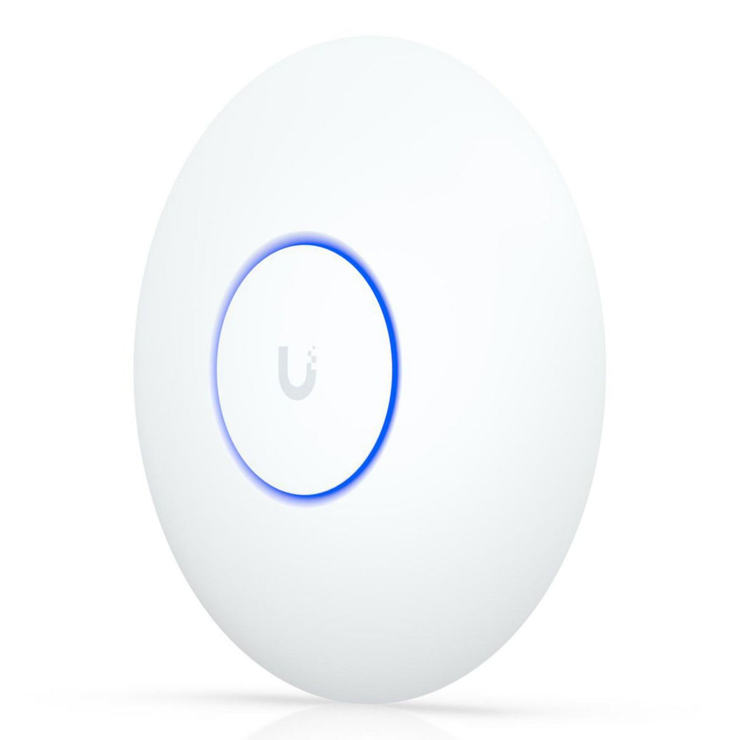 Ubiquiti UniFi U7 Lite hvid rundt WiFi-adgangspunkt med blå LED-ring, diskret U-logo og 5 GbE RJ-45 port.