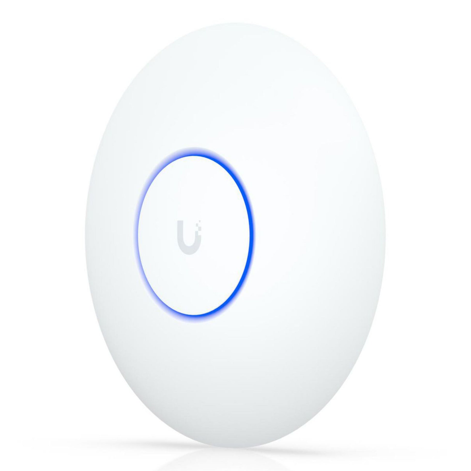 Ubiquiti UniFi U7 Lite hvid rundt WiFi-adgangspunkt med blå LED-ring, diskret U-logo og 5 GbE RJ-45 port.