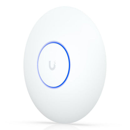 Ubiquiti UniFi U7 Lite hvid rundt WiFi-adgangspunkt med blå LED-ring, diskret U-logo og 5 GbE RJ-45 port.