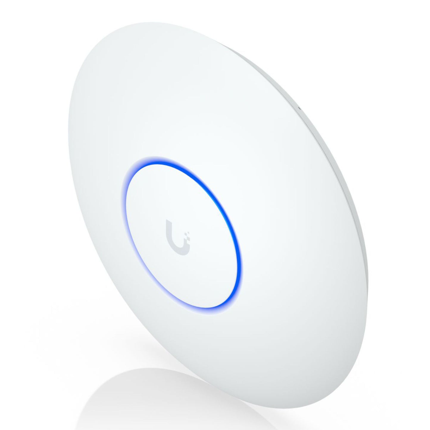 Ubiquiti UniFi U7 Lite hvidt roaming-adgangspunkt med blå LED-ring, U-logo og 2,5 GbE RJ-45 port, set fra vinkel.