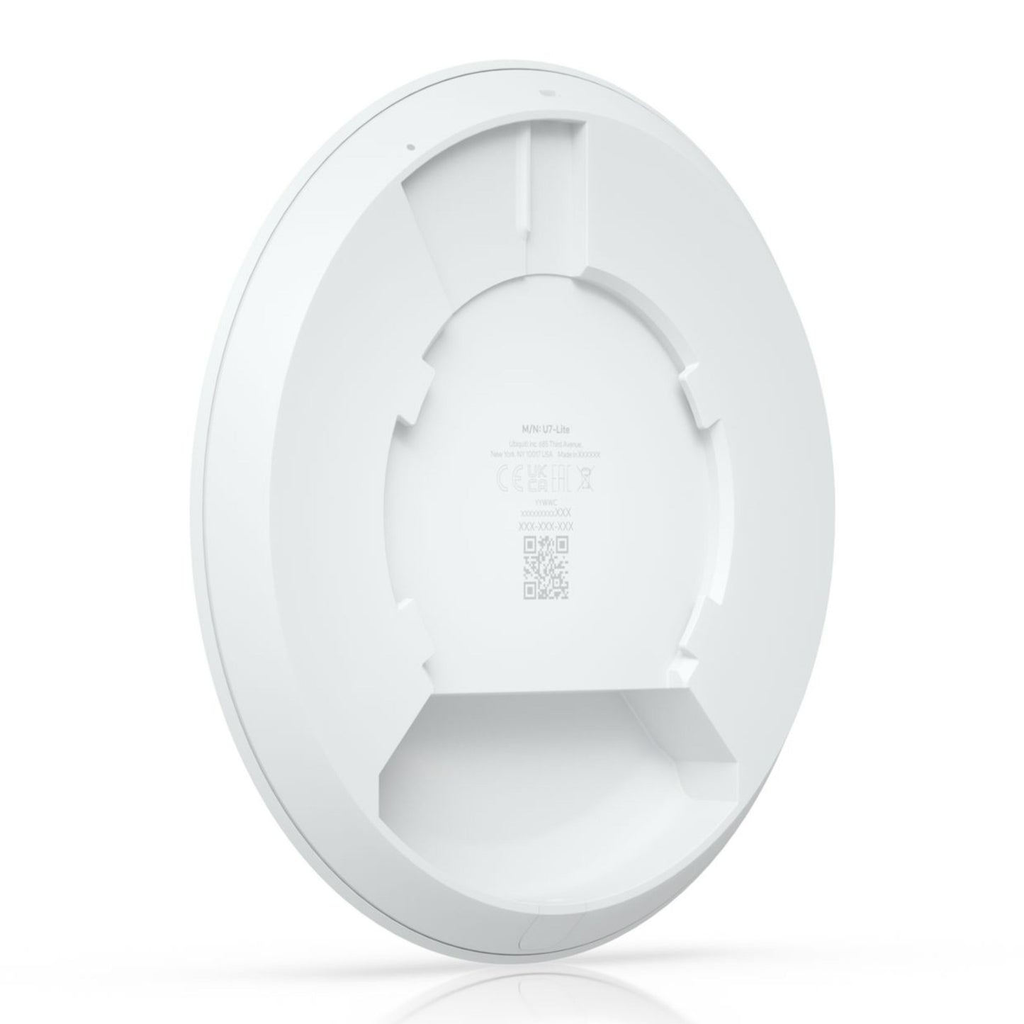 Ubiquiti UniFi U7 Lite hvid rund access point med flad bagside, fordybninger og 2,5 GbE RJ-45 port.