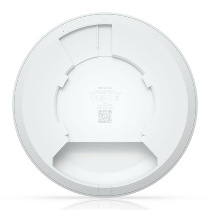 Ubiquiti UniFi U7 Lite access point bund, hvid cirkulær, beslag-slots, mærkater, serienummer og QR-kode.