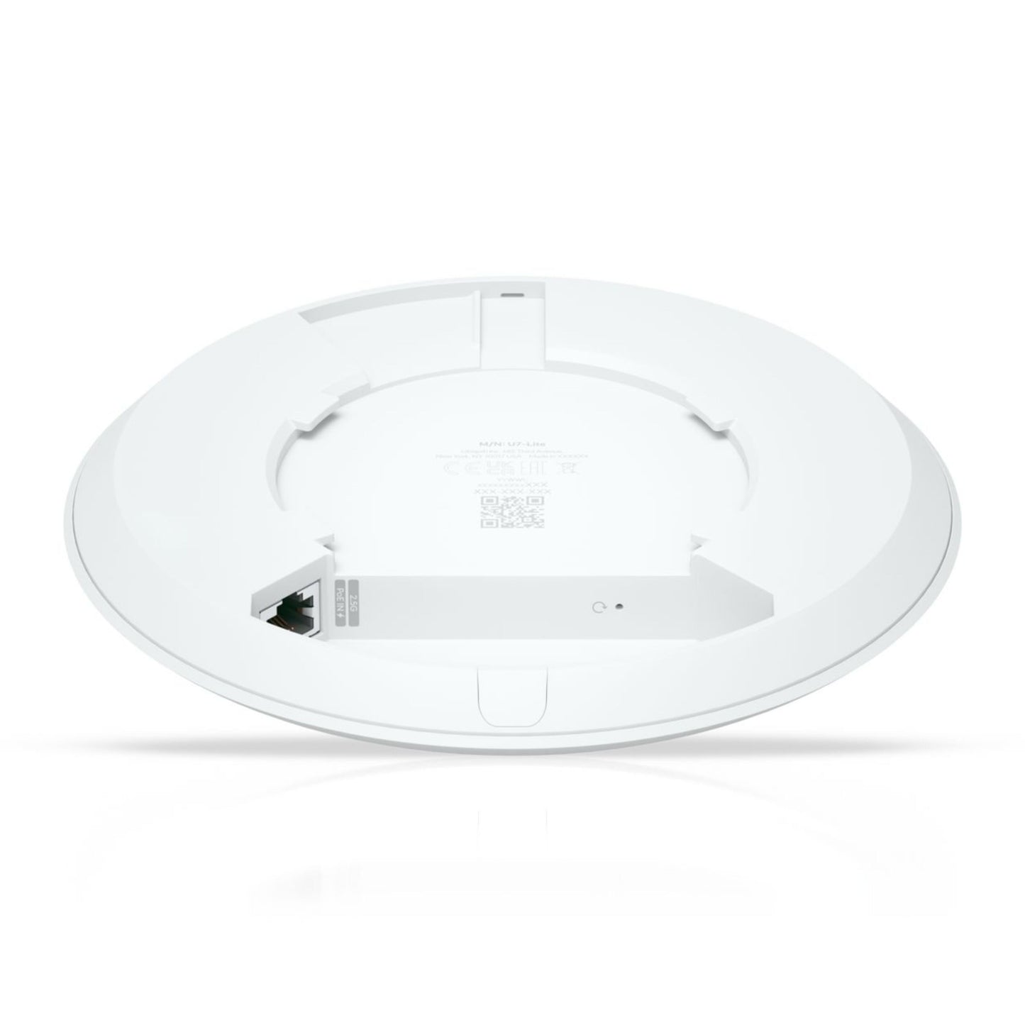Ubiquiti UniFi U7 Lite access point bundt med 5 GbE RJ-45 port, reset-knap, QR-kode og monteringsbeslag.