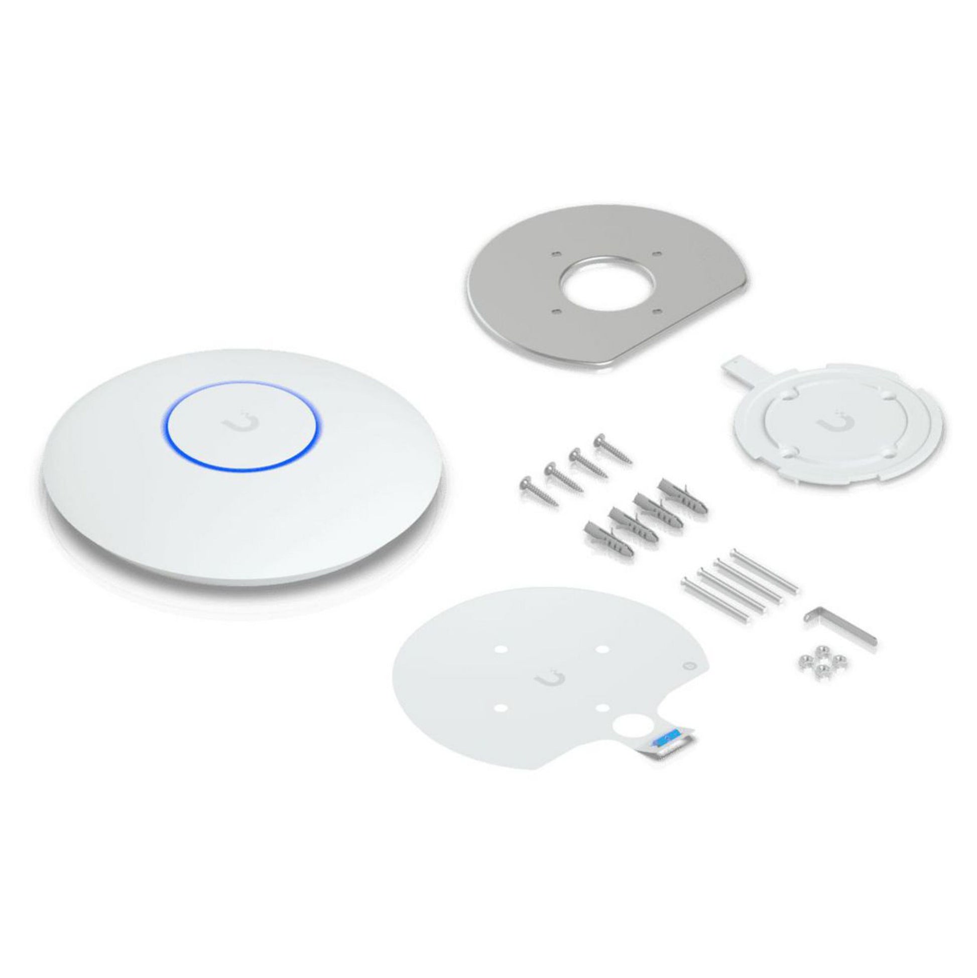 Ubiquiti UniFi U7 Lite accesspunkt hvid, rund, 5 GbE RJ-45 port, monteringsplader, skruer og installationshardware.