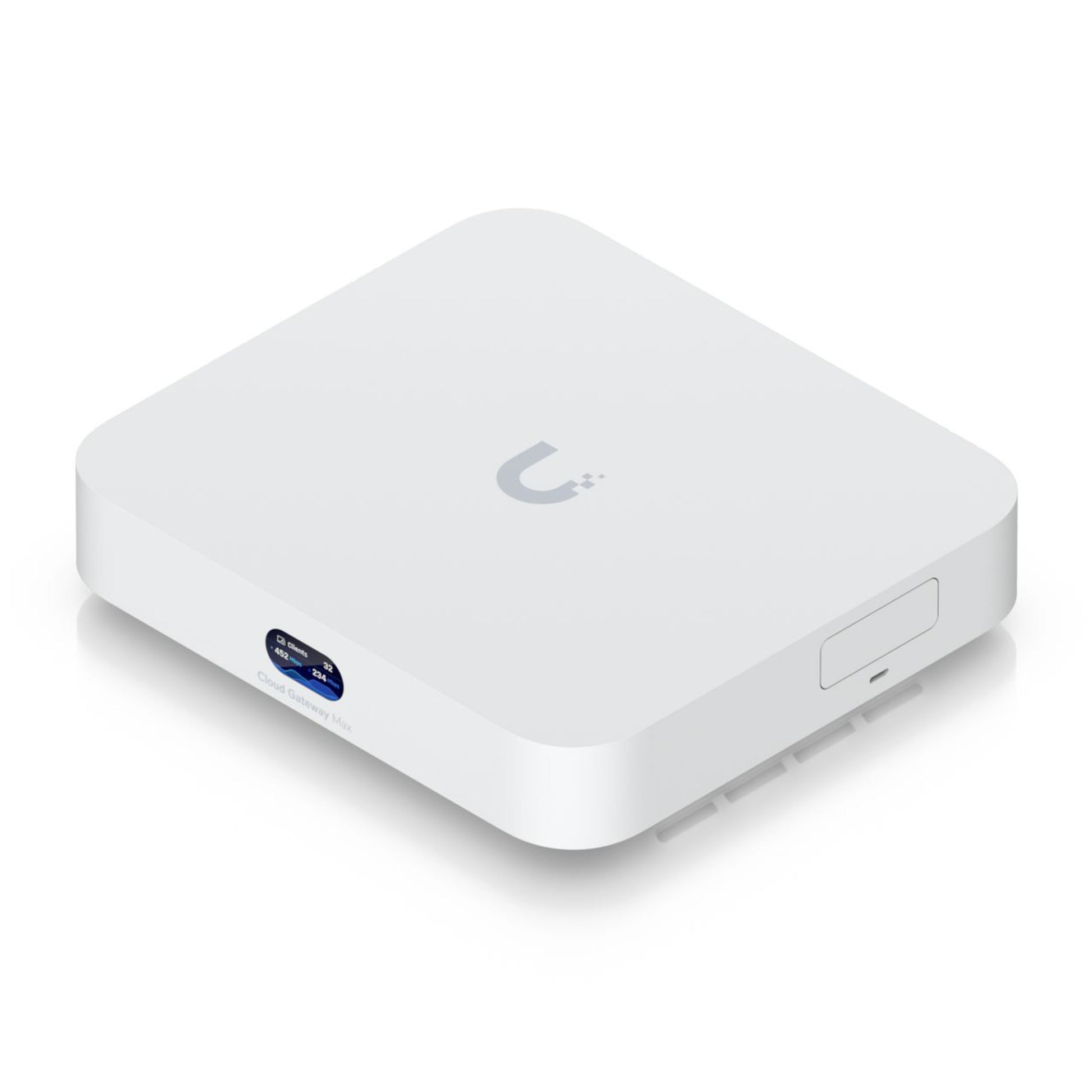 Ubiquiti UCG-Max Cloud Gateway Max hvid rektangulær, afrundede kanter, U-logo, knap og flere porte på siden.