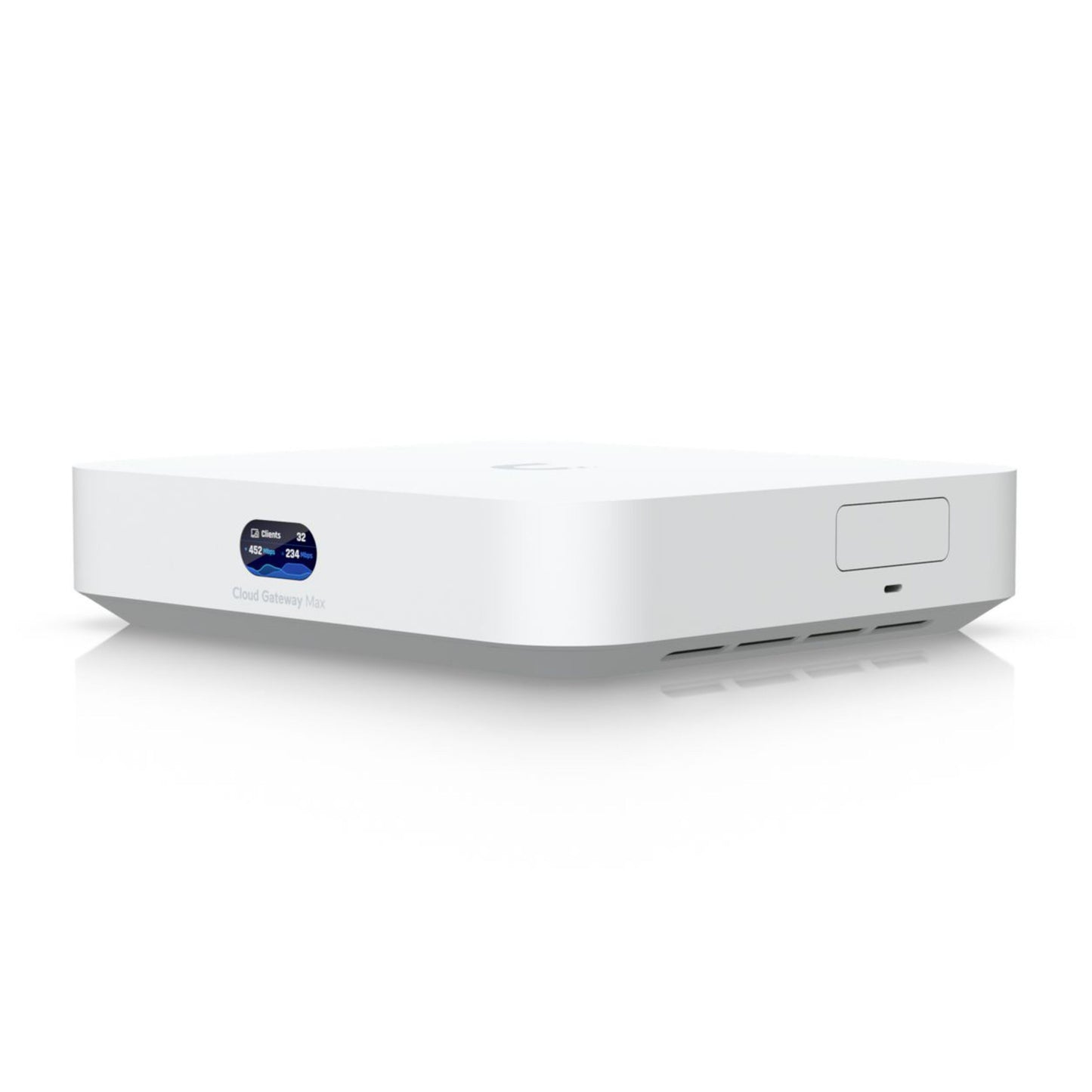 Ubiquiti UCG-Max Cloud Gateway Max i hvid med side-display og bund-ventiler, rektangulær model.