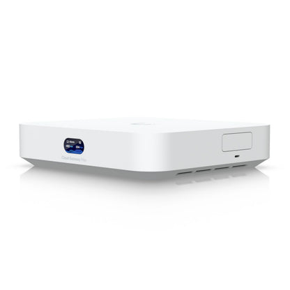 Ubiquiti UCG-Max Cloud Gateway Max i hvid med side-display og bund-ventiler, rektangulær model.