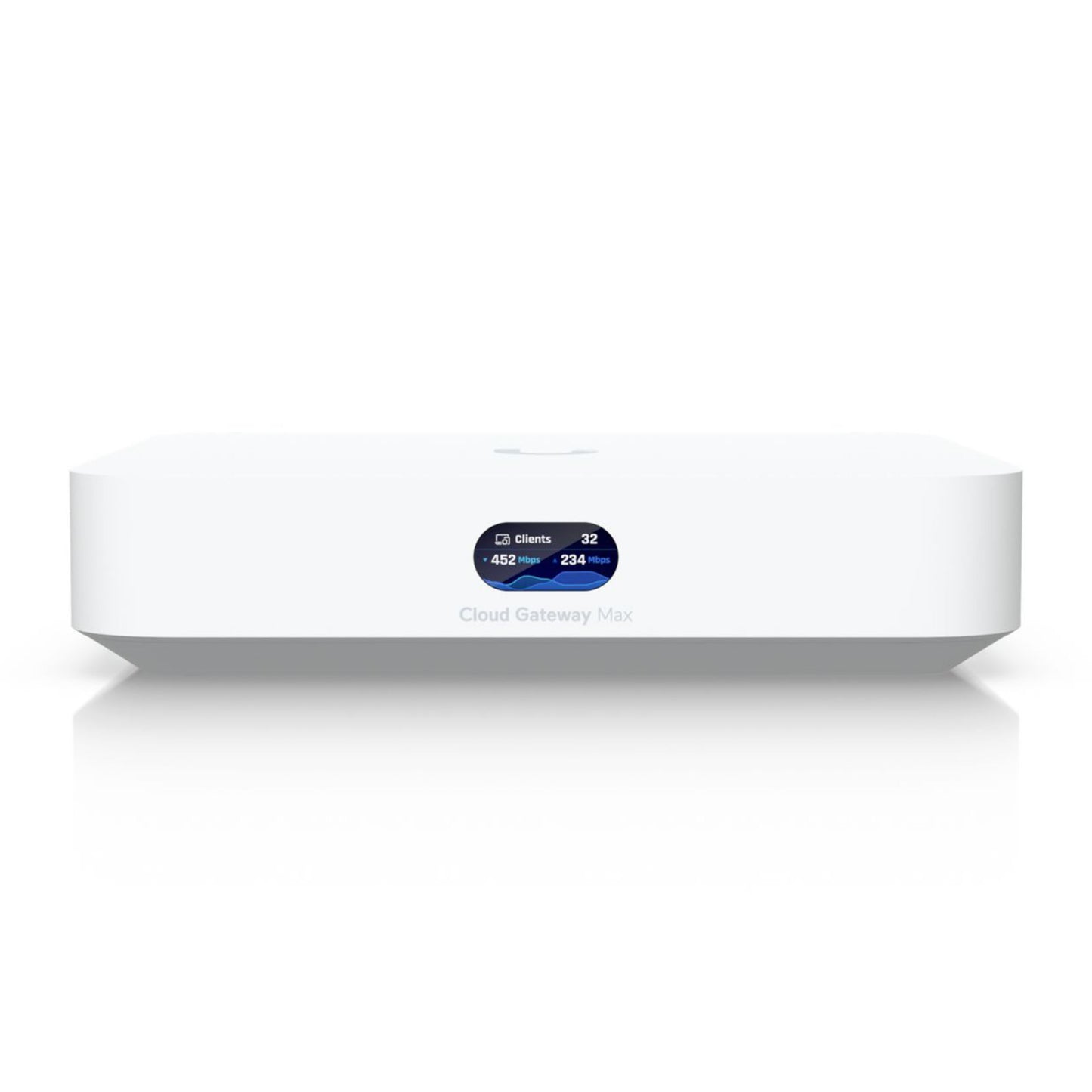 Ubiquiti UCG-Max Cloud Gateway Max hvid rektangulær netværksenhed med front digital display der viser klient- og datainfo.
