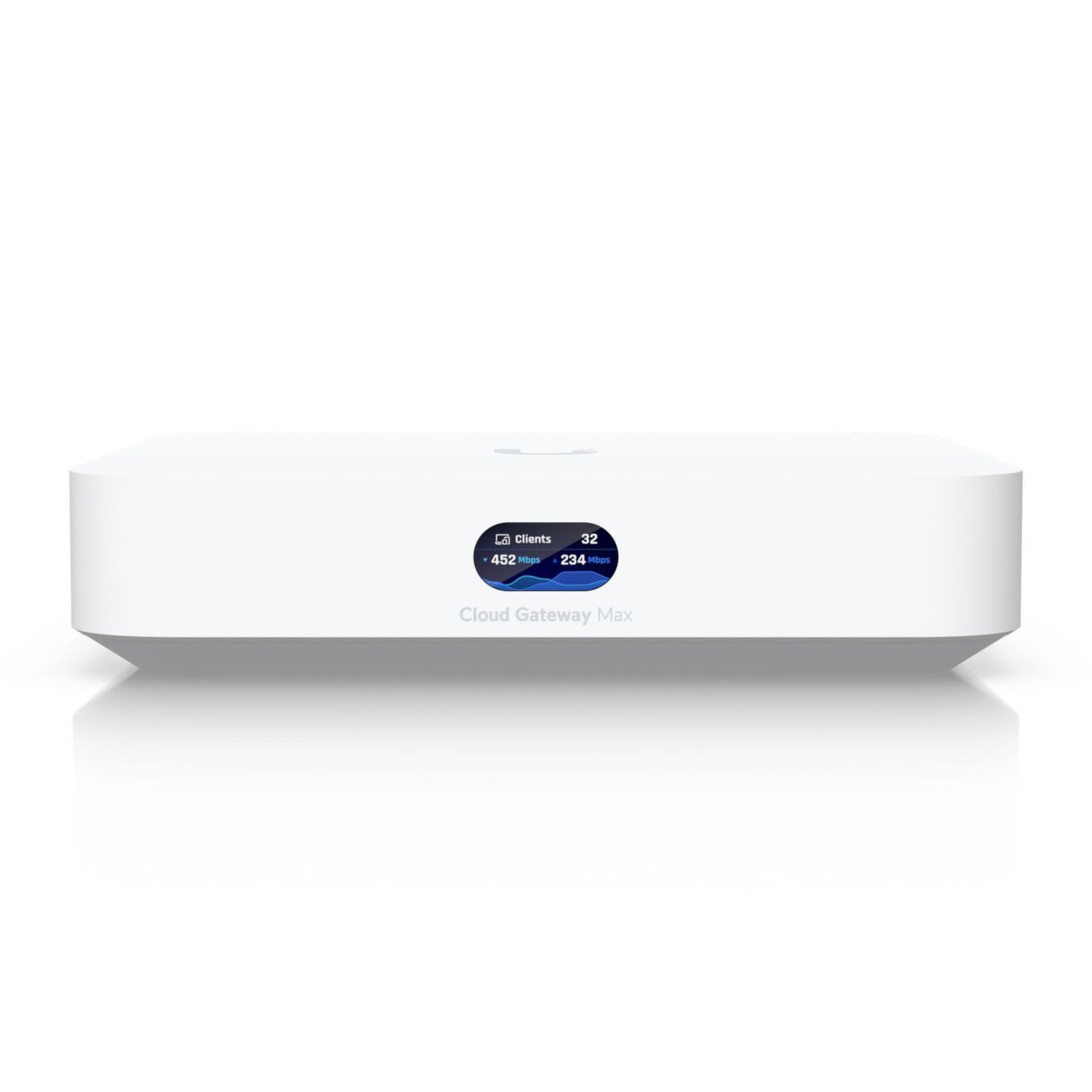 Ubiquiti UCG-Max Cloud Gateway Max hvid rektangulær netværksenhed med front digital display der viser klient- og datainfo.