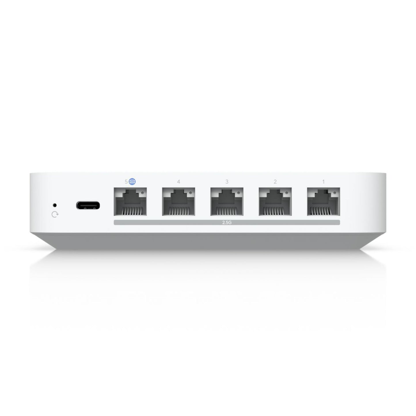 Ubiquiti UCG-Max Cloud Gateway Max bagtil med USB-C port og fire nummererede Ethernet-porte.