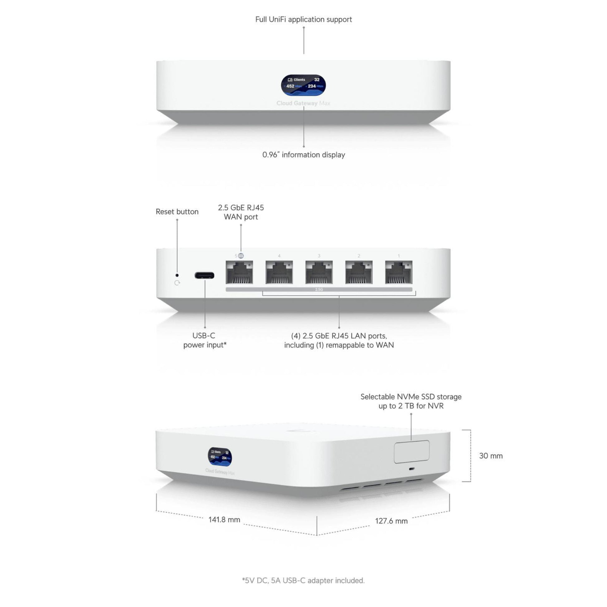 Ubiquiti UCG-Max Cloud Gateway Max med 2,5 GbE RJ45 WAN/LAN, USB-C strøm, reset-knap, info-display, mærkede porte.