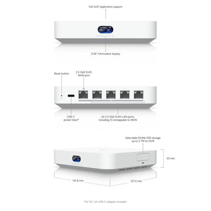 Ubiquiti UCG-Max Cloud Gateway Max med 2,5 GbE RJ45 WAN/LAN, USB-C strøm, reset-knap, info-display, mærkede porte.