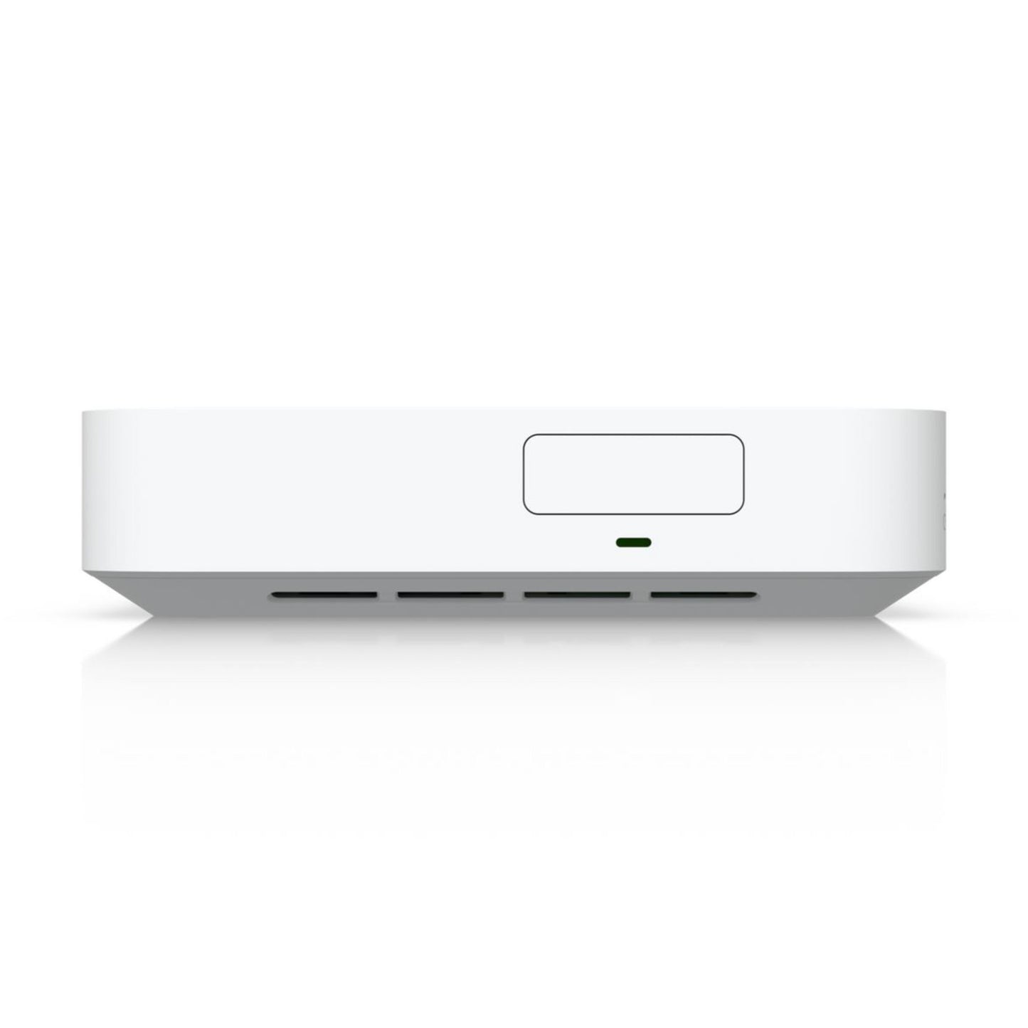 Ubiquiti UCG-Max Cloud Gateway Max hvid rektangulær enhed med frontknap og grøn indikatorlampe.