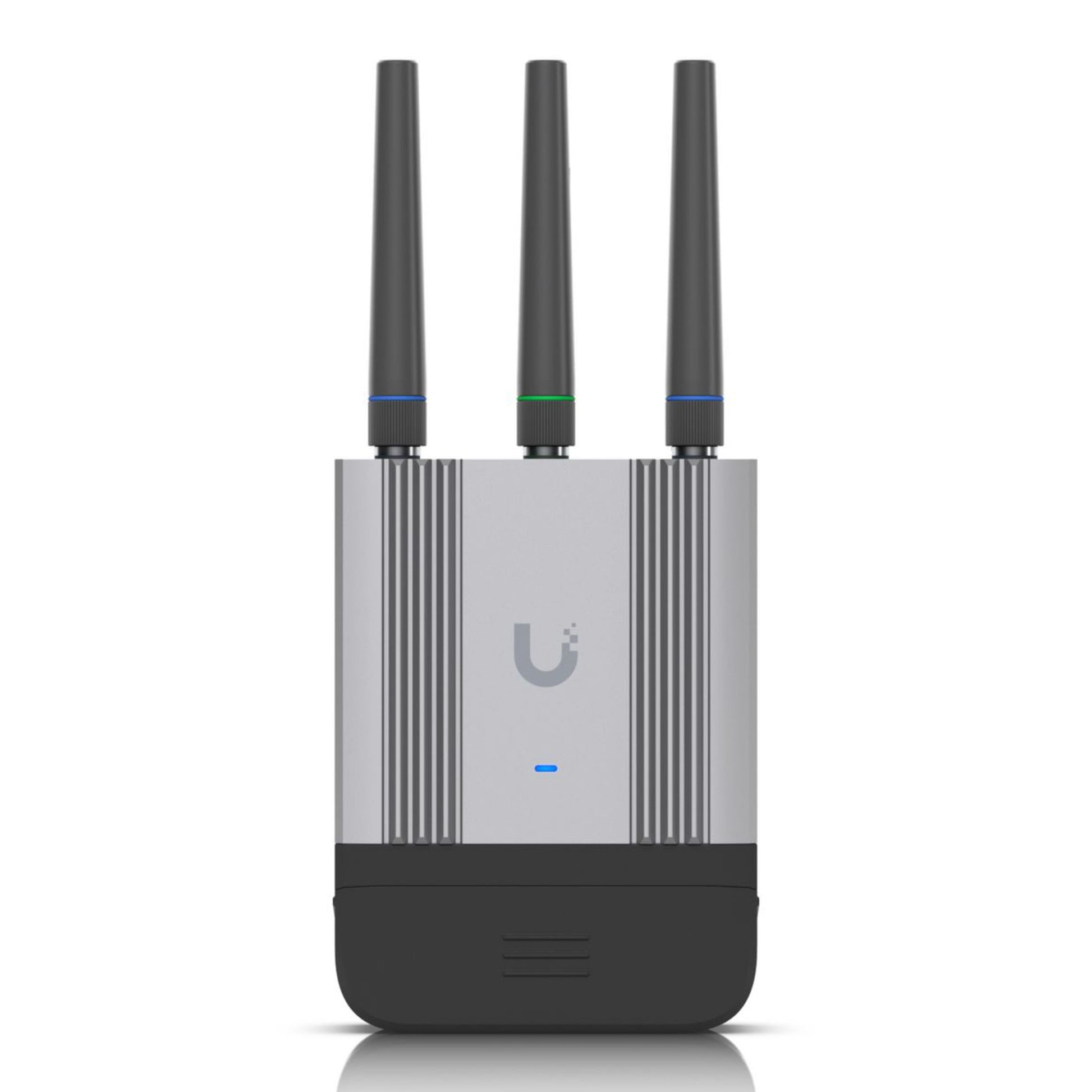 Ubiquiti UMR-INDUSTRIAL-EU 4G-router sølv/sort, tre antenner, blåt frontindikatorlys, centralt U-logo, VPN-understøttelse.