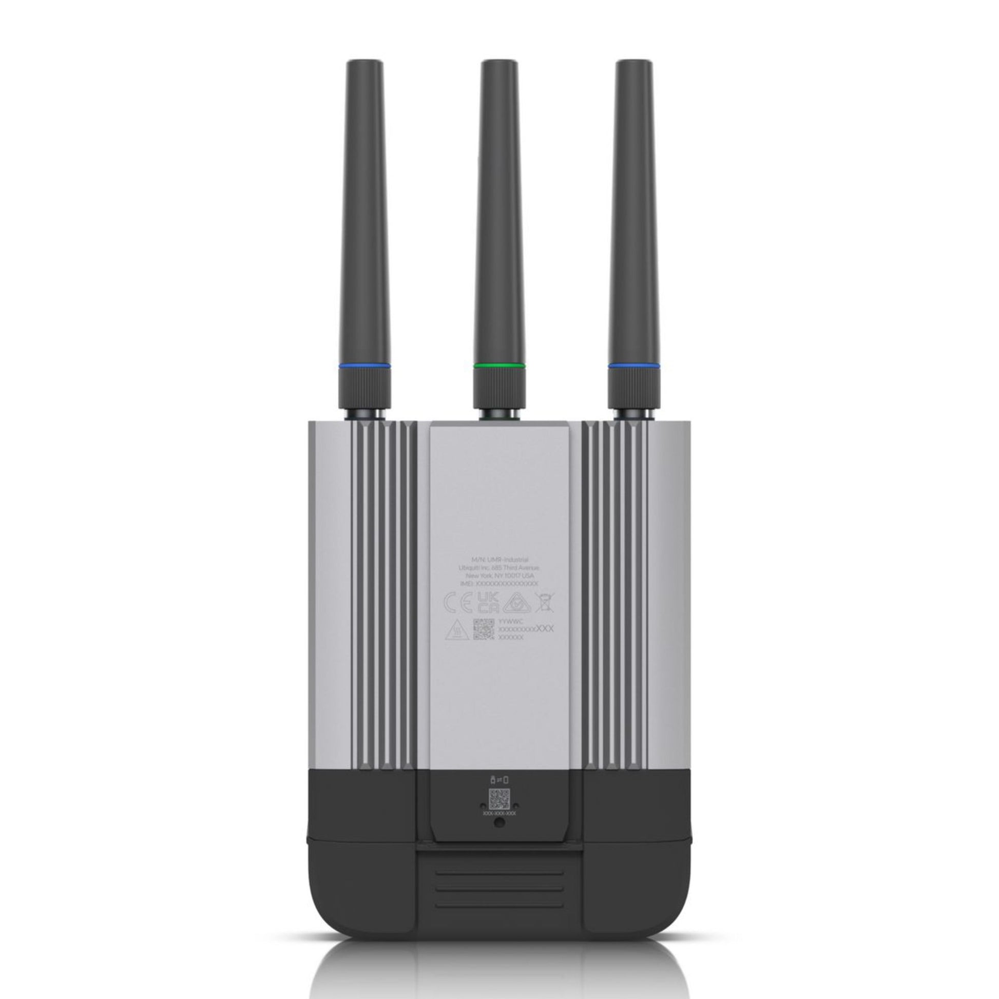 Ubiquiti UMR-INDUSTRIAL-EU 4G-router, sølv/sort, tre antenner, indikatorlys, markerede bagporte, riflede sider.