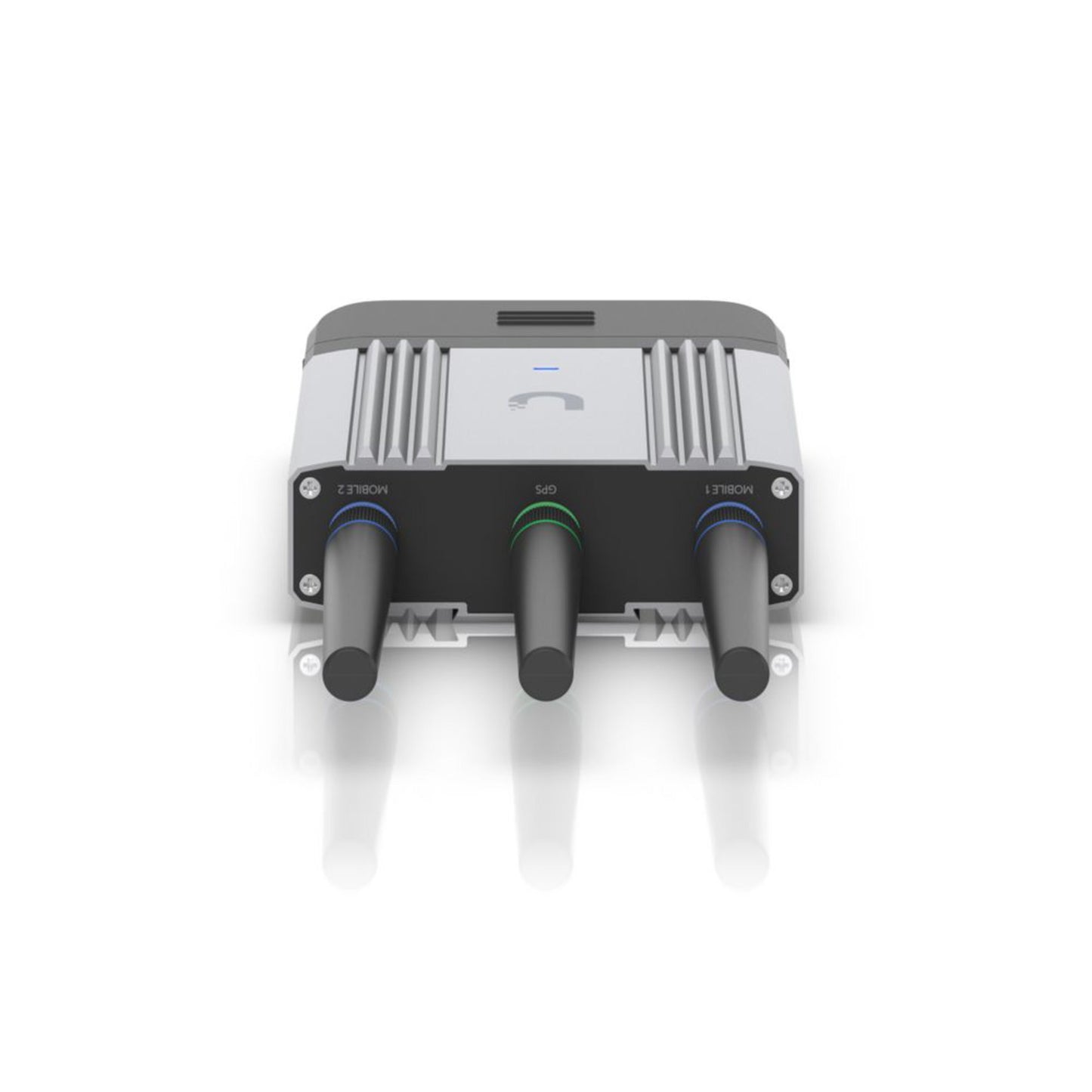 Ubiquiti UMR-INDUSTRIAL-EU 4G-router med modem, sortering, tre antenner, LED-indikatorer og mærkede porte forrest.