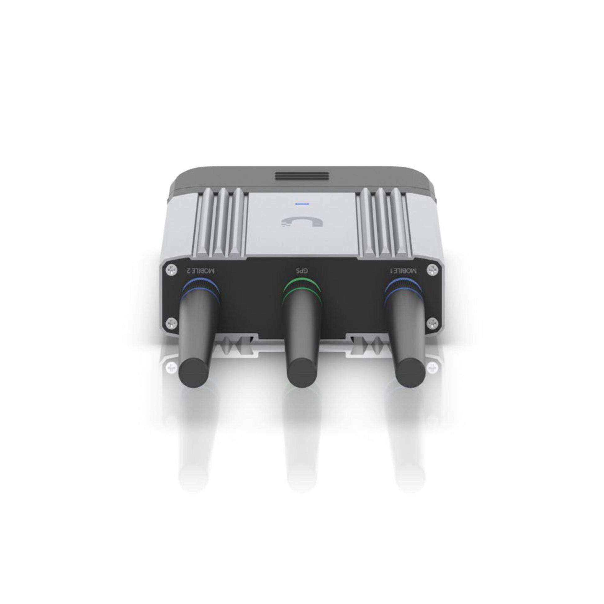 Ubiquiti UMR-INDUSTRIAL-EU 4G-router med modem, sortering, tre antenner, LED-indikatorer og mærkede porte forrest.