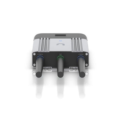 Ubiquiti UMR-INDUSTRIAL-EU 4G-router med modem, sortering, tre antenner, LED-indikatorer og mærkede porte forrest.