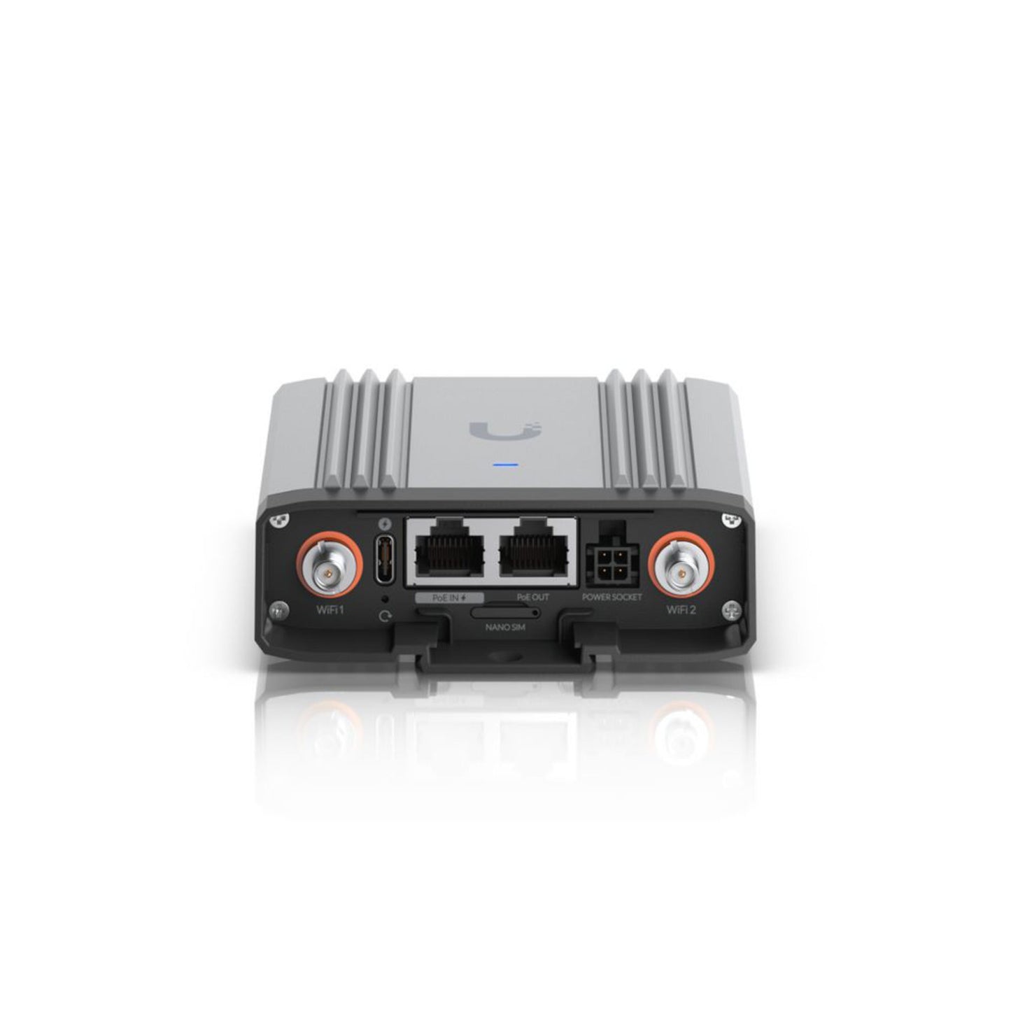 Ubiquiti UMR-INDUSTRIAL-EU 4G-router med modem, to runde stik, to Ethernet-porte, reset-knap, strømindgang, nanobeam-port forfra.