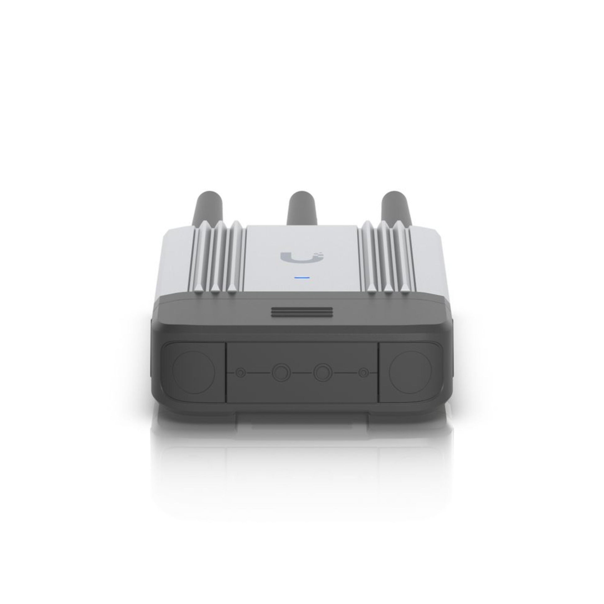 Ubiquiti UMR-INDUSTRIAL-EU 4G-router grå/sort, tre antenner, blå indikatorlys, Ubiquiti-logo øverst.