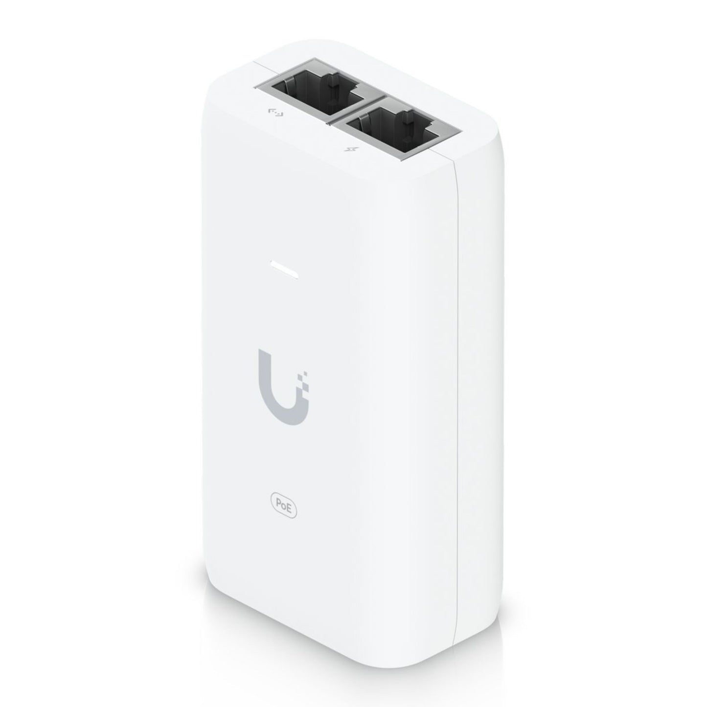 Ubiquiti U-POE injektor 15W, hvid, 802.3af, to Ethernet-porte øverst, LED-indikator, Ubiquiti-logo foran.