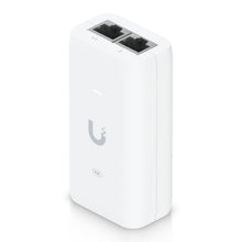 Ubiquiti U-POE injektor 15W, hvid, 802.3af, to Ethernet-porte øverst, LED-indikator, Ubiquiti-logo foran.