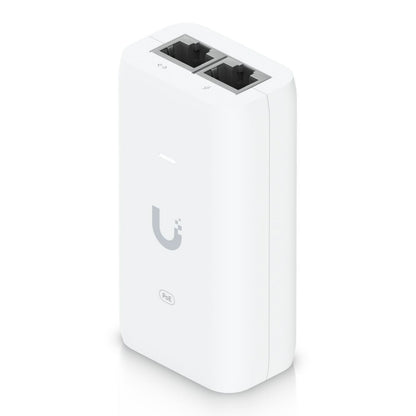 Ubiquiti U-POE injektor 15W, hvid, 802.3af, to Ethernet-porte øverst, LED-indikator, Ubiquiti-logo foran.