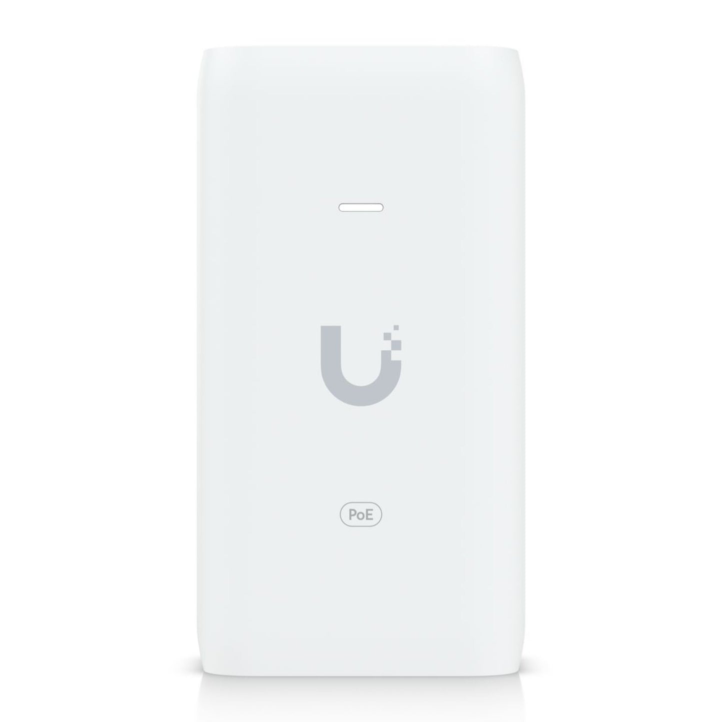 Ubiquiti U-POE injektor 15W, hvid, rektangulær PoE-adapter med Ubiquiti-logo og PoE-label på fronten, vægmonterbar, 802.3af.