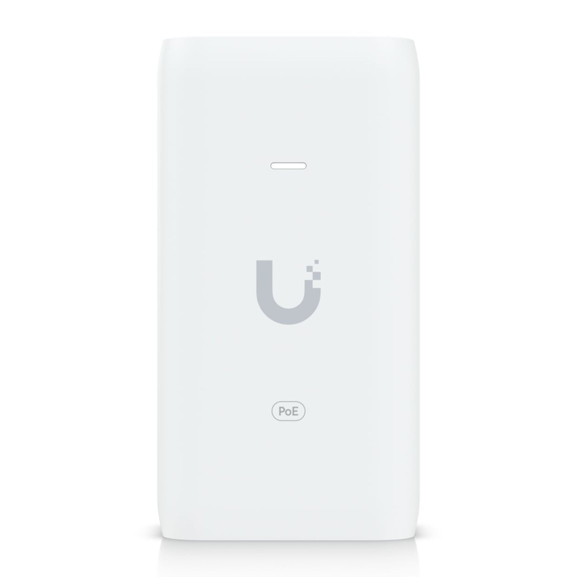 Ubiquiti U-POE injektor 15W, hvid, rektangulær PoE-adapter med Ubiquiti-logo og PoE-label på fronten, vægmonterbar, 802.3af.