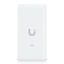 Ubiquiti U-POE injektor 15W, hvid, rektangulær PoE-adapter med Ubiquiti-logo og PoE-label på fronten, vægmonterbar, 802.3af.
