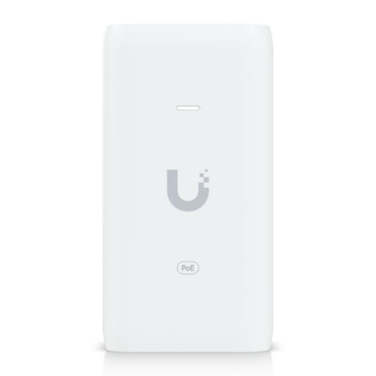 Ubiquiti U-POE injektor 15W, hvid, rektangulær PoE-adapter med Ubiquiti-logo og PoE-label på fronten, vægmonterbar, 802.3af.