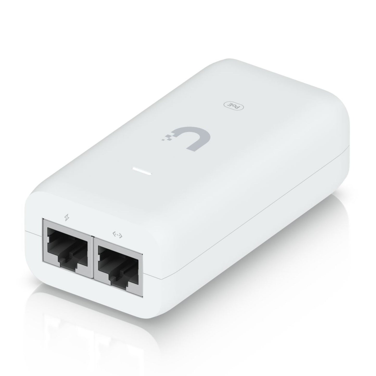 Ubiquiti U-POE-injektor 15W, hvid, til Ethernet-port, LED-indikator og Ubiquiti-logo, understøtter 802.3af PoE.