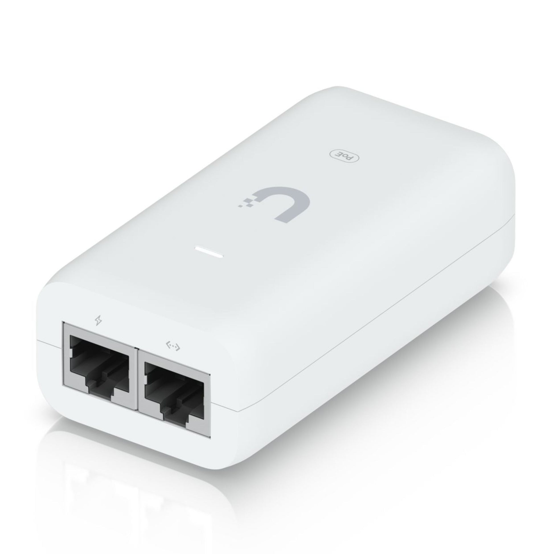 Ubiquiti U-POE-injektor 15W, hvid, til Ethernet-port, LED-indikator og Ubiquiti-logo, understøtter 802.3af PoE.